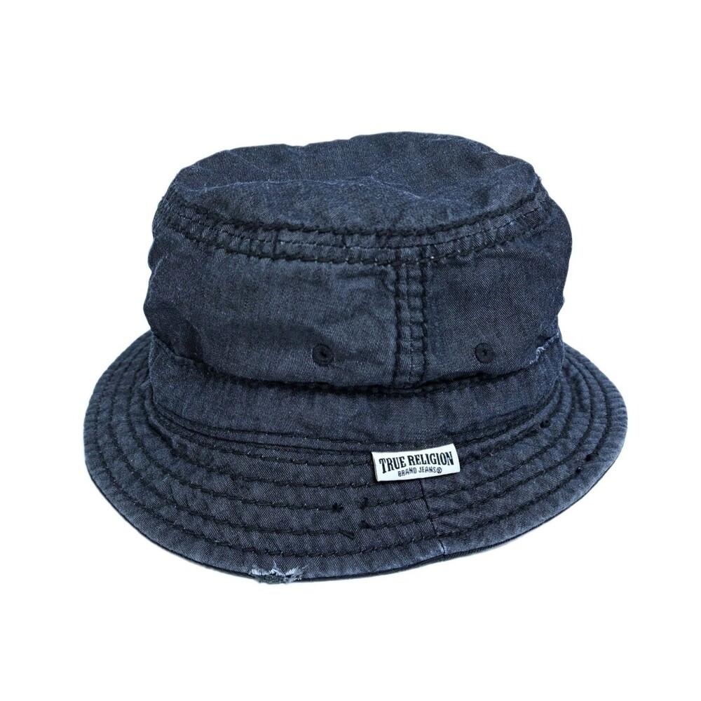 True Religion Reversible Bucket Hat Boonie Distressed Black Gray Retro Vintage